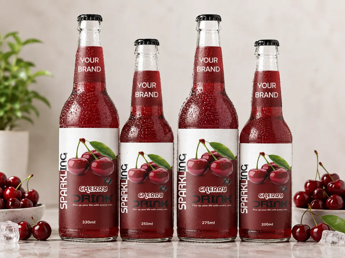 SPARKLING DRINK Cherry Flavored Drink in 330ml, 250ml, 275ml, and 200ml glass bottles.